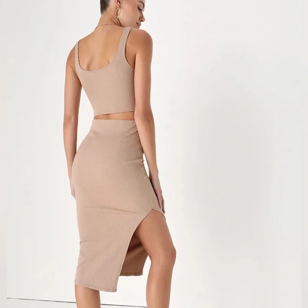 Lulus Set For Life Tan Ribbed Bodycon Two-Piece Dress - Picture 2 of 5